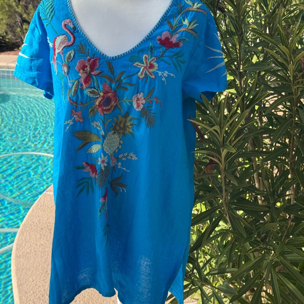 Johnny Was Bright Turquoise Blue "Nohea Linen Draped Tunic" size S Embroidered